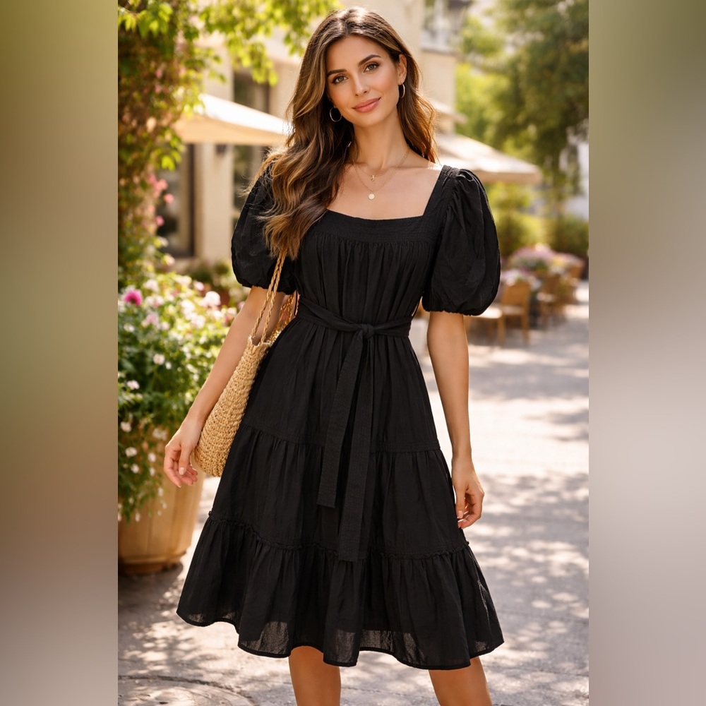 Black Cotton Puff Sleeve Tiered Midi Dress Square Neck Tiered Boho Size M